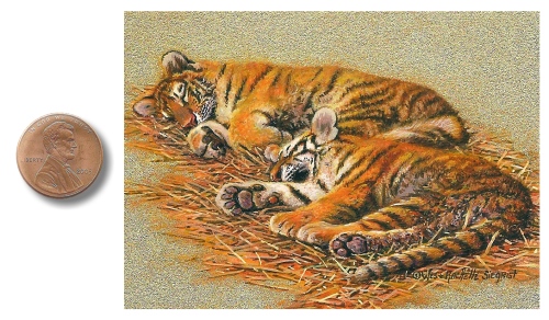 Cozy Cubs painting by Wes & Rachelle Siegrist. Painting of Bengal Tiger Cubs.